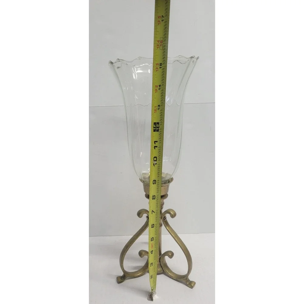 Vintage Brass Hurricane‎ Candle Holder Scroll Tripod Base Scalloped Glass Shade